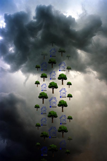 A digitally composited image showing Minecraft-style tree and house icons labeled 'base' arranged in a triangular formation against a backdrop of dramatic, dark clouds.