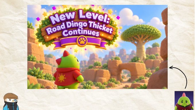 A video game promotional screen announces a 'New Level: Road Dingo Thicket Continues' featuring a green dinosaur character in a red hoodie within a desert canyon environment.