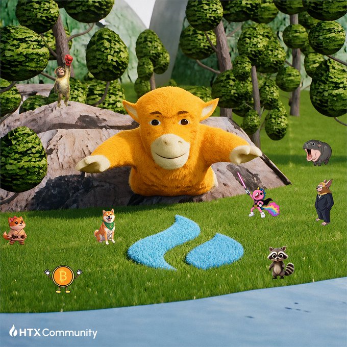A cheerful yellow bull plushie named "Niu Lai" greets a whimsical forest scene filled with Shiba Inu, raccoons, a Bitcoin mascot, and other characters gathered around a blue wave logo on the grass, with "HTX Community" watermarked in the corner—visually capturing the post's playful theme of a bullish arrival in the crypto market.