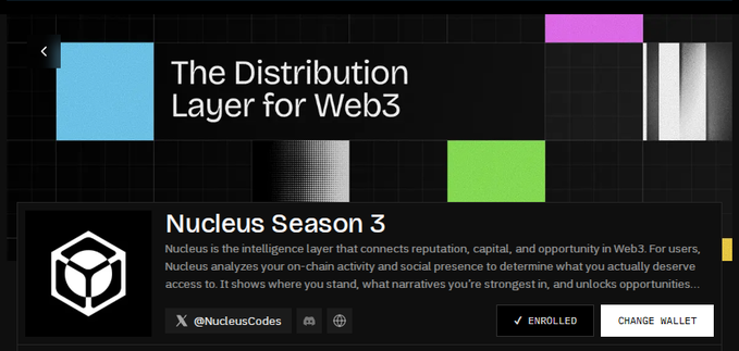 A promotional banner for Nucleus Season 3, described as "The Distribution Layer for Web3," featuring an enrolled status by user @NucleusCodes. The accompanying post explains that the Mindshare percentage shown on Nucleus profiles reflects a literal share of the total conversation during live campaigns, rather than a vanity follower metric.