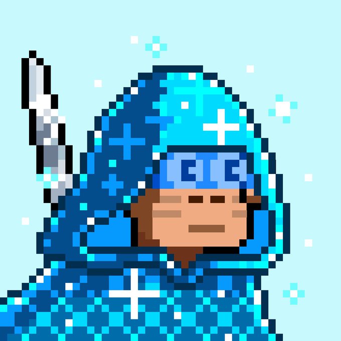 A pixel art image of a character wearing a blue hood with white cross patterns, set against a light blue background with white sparkles.