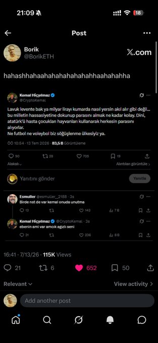 A screenshot of a Twitter/X post by Borik (@BorikETH) laughing 'hahahshahahaahahahahahaha' while quote-tweeting a Turkish-language complaint from Kemal Hiçyılmaz about not being able to buy items on a website despite having sufficient balance.