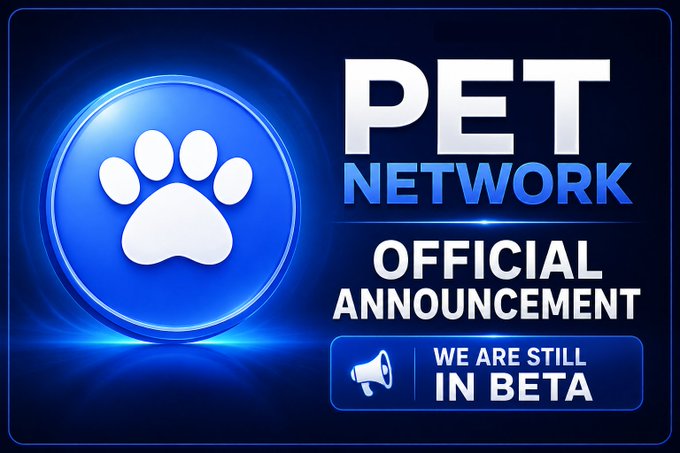 A promotional graphic for "PET Network" features a glowing blue circular logo with a white paw print, alongside an "Official Announcement" that the platform "We're Still IN BETA." The image visually reinforces the post's transparency message, signaling to the 27,500+ members that the app remains in its Beta & Early Access phase.
