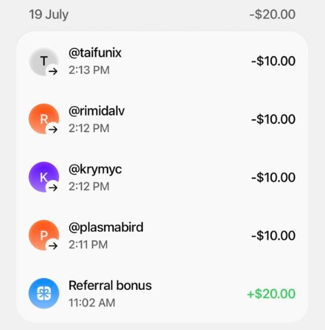 A payment transaction history showing multiple $10.00 payments to users @taifunix, @rimidalv, @krymyc, and @plasmabird, offset by a $20.00 referral bonus.