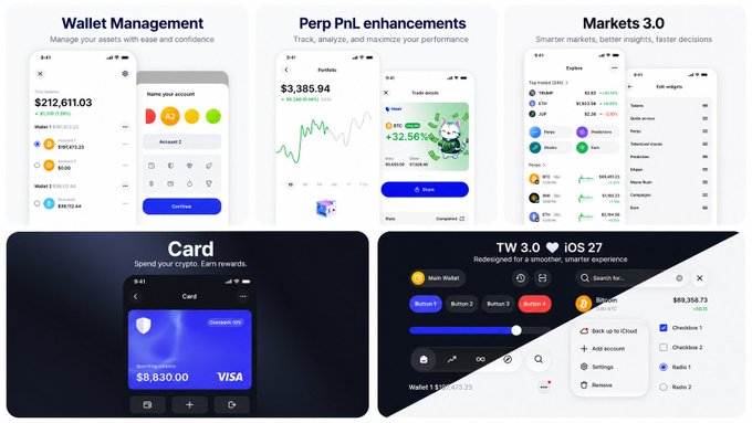 The image showcases five new features of the updated TrustWallet app, including Wallet Management ($212,611.03), Perp PnL enhancements ($3,385.94), Markets 3.0 explorer, a Card feature ($8,830.00 VISA), and the redesigned TW 3.0 iOS 27 interface, highlighting the cleaner and more user-friendly crypto management experience.