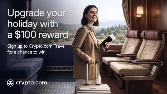 urn of gold and silver coins, a white suitcase with black handle, and two brown chairs are featured on the advertisement for Cryptocom.