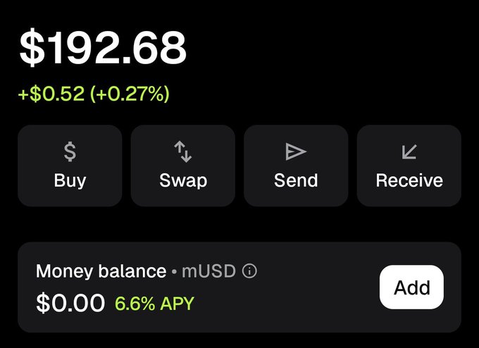 A cryptocurrency wallet app interface displays a balance of $192.68 (+$0.52, +0.27%) with action buttons for Buy, Swap, Send, and Receive, and a money balance of $0.00 (6.6% APY) for mUSD.
