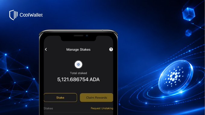 CoolWallet app showing "Manage Stakes" screen with total staked of 5,121.686754 ADA, featuring Stake and Claim Rewards buttons against a blue Cardano-themed background.
