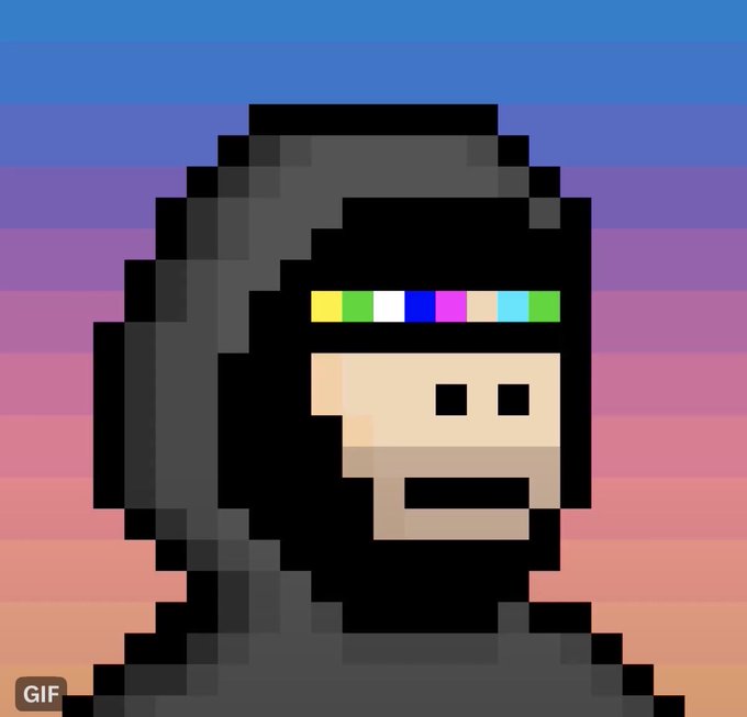 A pixelated hooded figure with a color-bar visor appears against a purple-to-orange gradient sunset sky, mirroring the mysterious, hooded aesthetic associated with the "internet_monkes" NFT collection referenced in the post about secondary market activity.