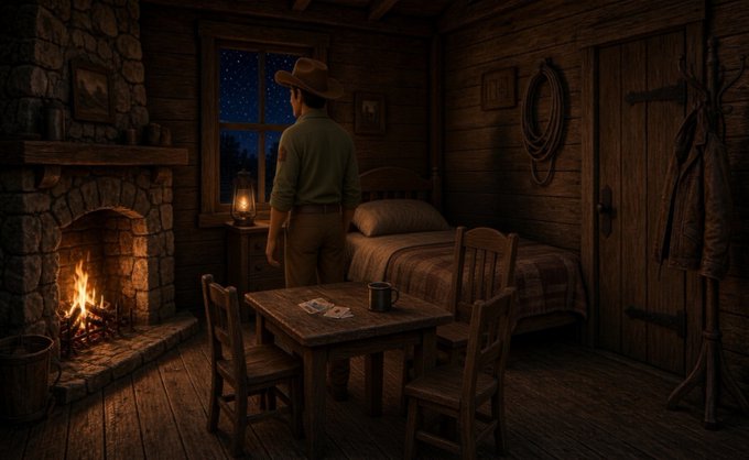 A cowboy in a hat stands by a window in a rustic log cabin, looking out at a starry night sky while a fire crackles in a stone fireplace.