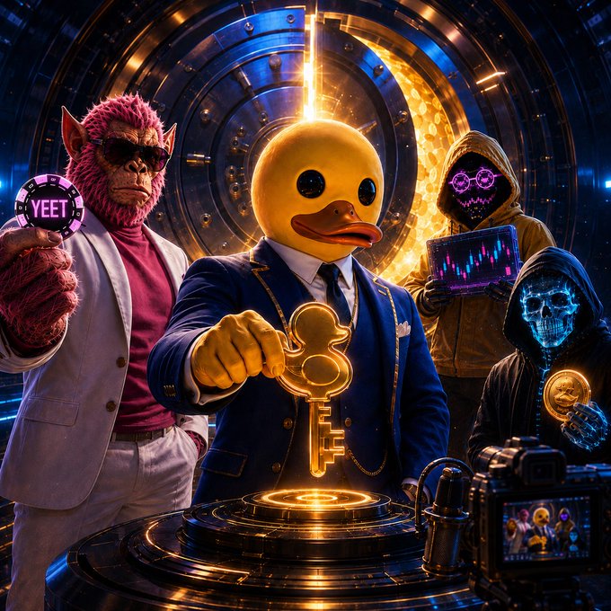 AI-generated image featuring a duck-headed character in a suit holding a glowing golden key, flanked by a pink monkey in sunglasses holding a YEET coin and hooded figures including one with a skull face.