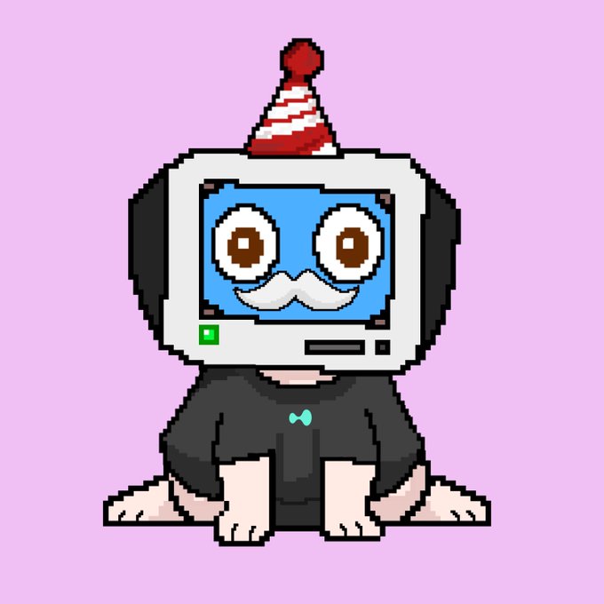 A pixel art illustration of a small character wearing a black outfit with a blue bow tie, featuring a computer monitor for a head displaying big eyes and a white mustache, topped with a red and white party hat, on a purple background.