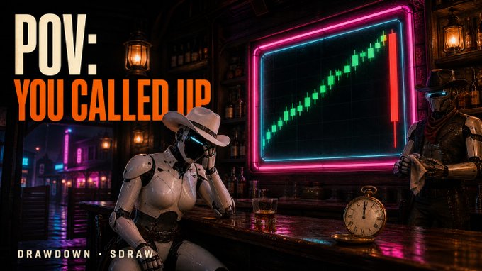 A stylized trading thumbnail titled "POV: YOU CALLED UP" depicts robot figures at a neon-lit saloon bar with a large green candlestick chart and a stopwatch, branded "DRAWDOWN · SDRAW".