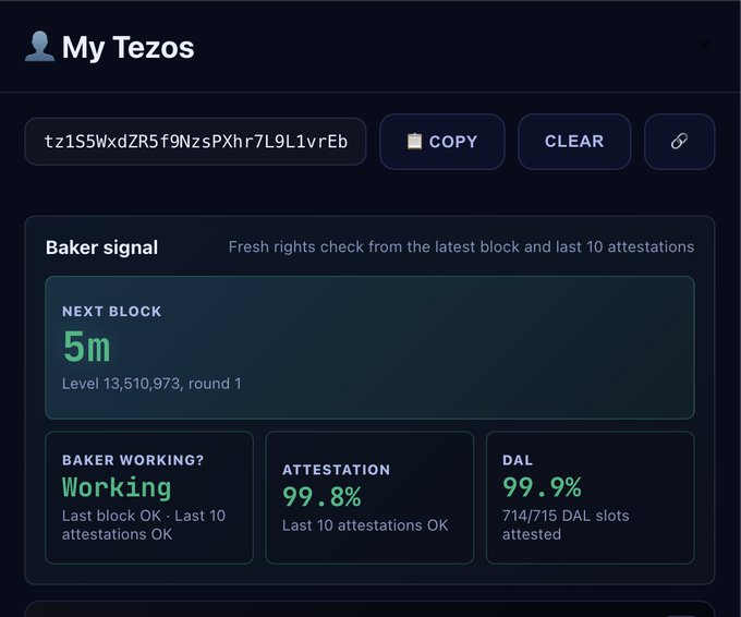 The image shows a screenshot of a computer screen displaying information about a Minecraft server, specifically the "tezos" account. The screen has a green background with text that reads "My Tezos", followed by a list of options such as "Baker signal", "Next block", and "5m". There is also a summary of the game's progress displayed in the bottom right corner.