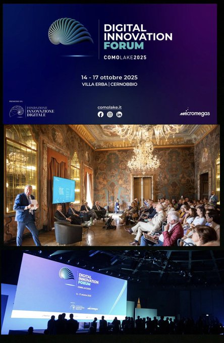 The image features promotional materials and event photos for the "Digital Innovation Forum ComoLake2025," scheduled for October 14–17, 2025, at Villa Erba, Cernobbio, with branding from Fondazione Innovazione Digitale and Micromegas. The graphics show two scenes—one of a speaker addressing an audience in an elegant historic venue, and another of a large conference hall with the forum's branding on screen—which, together with the post, hint at DAC's upcoming involvement or announcement tied to the 2026 edition of the Digital Innovation Forum.