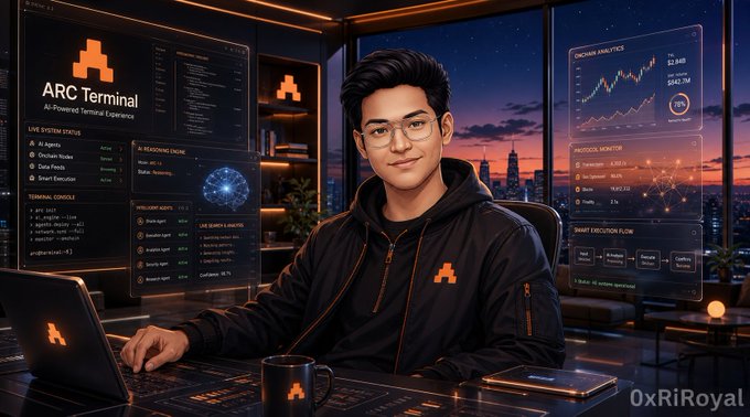 The image features a man sitting at a desk with an open laptop, surrounded by various objects such as a cup of coffee and a computer mouse. He appears to be working or engaged in some form of digital activity. The background shows a city skyline, suggesting that he might be located in an urban area. The post about the ARCTERMINAL is related to the image because it uses the term "@TheARCTERMINAL" as part of its title and description. This implies that the man's workspace or the context surrounding his activities could be associated with this particular account, creating a connection between the image and the post.