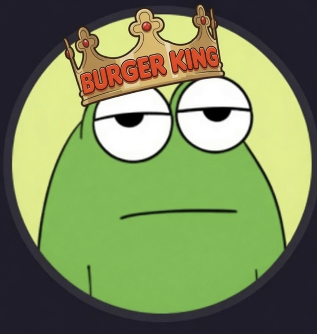 A unimpressed green frog character wears a golden crown with "BURGER KING" written on it in red letters, humorously appointing him as the "Burger King" in a playful take on the $FRONG meme coin.