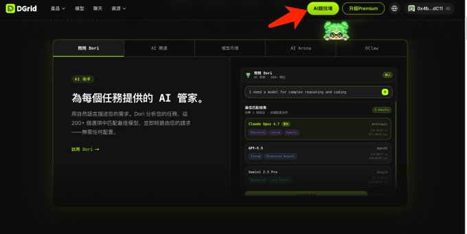 A dark-themed website for 'DGrid' showing a 'Dori' AI assistant section with model options like Claude Opus 4.7, GPT-4.5, and Gemini 2.5 Pro, with a red arrow pointing to an AI button in the top navigation.