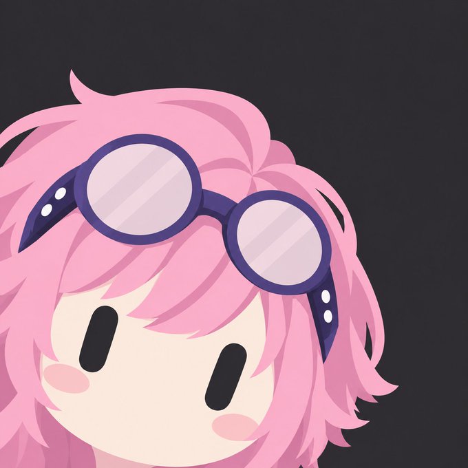 Close-up illustration of a pink-haired anime-style character with simple dot eyes, pink blush, and round purple-rimmed goggles perched on her head.