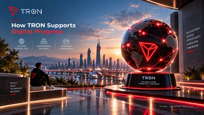 A promotional banner for TRON with the tagline 'How TRON Supports Digital Progress' featuring three pillars: Scaling Possibilities, Empowering Builders, and Stronger Communities, alongside the slogan 'Building a More Connected Tomorrow' and 'Global Progress Together'.
