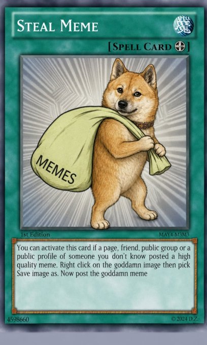 A parody trading card titled "Steal Meme" featuring the Doge Shiba Inu carrying a sack labeled "MEMES."