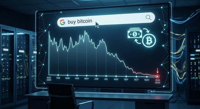 A futuristic server room displays a Google search bar showing "buy bitcoin" above a downward-trending chart spanning August 2025 to August 2026, with the line plunging to a red-tipped low at the end, visually illustrating the post's point about Google search volume for "buy bitcoin" hitting a one-year low as a sign of mass indifference and potential buying opportunity.