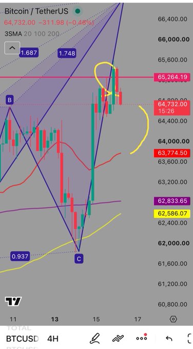 A 4-hour BTC/USD chart shows Bitcoin priced at $64,732.00, down 0.46% ($311.98), with a yellow circle highlighting recent price action near the $65,264.19 resistance level and pointing toward a potential pullback to fill the CME gap around $63,774.50 before resuming its bullish trend.