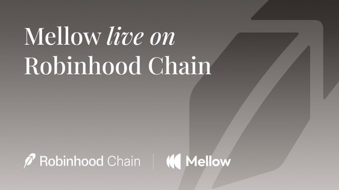 The image is a sleek gray-toned announcement graphic reading "Mellow *live on* Robinhood Chain," featuring the Robinhood Chain logo and Mellow's branding at the bottom, promoting the integration mentioned in the post about Mellow operating on Robinhood Chain with Morpho markets.