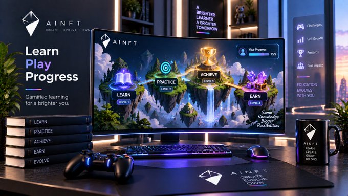 A gaming setup and learning platform promotional image for AINFT, featuring a monitor displaying a gamified learning interface with levels like LEARN, PRACTICE, ACHIEVE, and EARN, alongside a game controller, books, and branded merchandise.