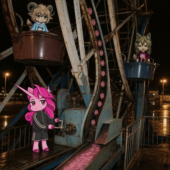 A photo of a Ferris wheel at night with three cartoon animal characters (a ram, a unicorn in a tracksuit, and a cat) placed in the gondolas, edited into the scene.