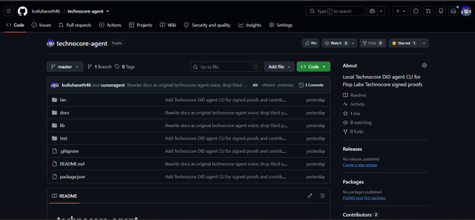 A GitHub repository page for "technocore-agent" under the user kufluhaneth6, described as a local Technocore DID agent CLI for Plop Labs, showing various commits and folders like bin, docs, lib, and test.