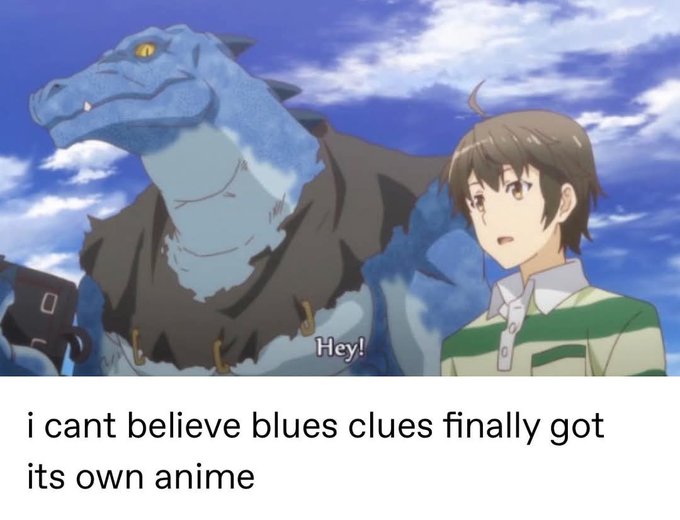 An anime screenshot showing a young boy next to a large blue reptilian creature, with meme text reading 'i cant believe blues clues finally got its own anime'.