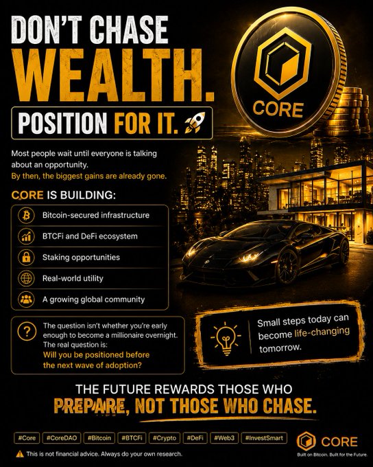 A cryptocurrency promotional poster for CORE reads 'DON'T CHASE WEALTH. POSITION FOR IT.' highlighting Bitcoin-secured infrastructure and BTCFi ecosystem, featuring a luxury car and modern home.