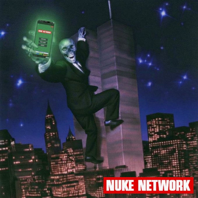 A meme image featuring a skull-faced character in a suit climbing a skyscraper while holding a phone displaying 'NUKE NETWORK', with 'NUKE NETWORK' text in the bottom right corner.