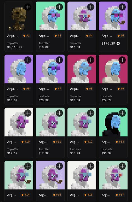 A grid of pixel art NFT avatars titled "Argo" displays various character designs with associated prices ranging from $17.3K to $170.2K, labeled as "Top offer" or "Last sale."