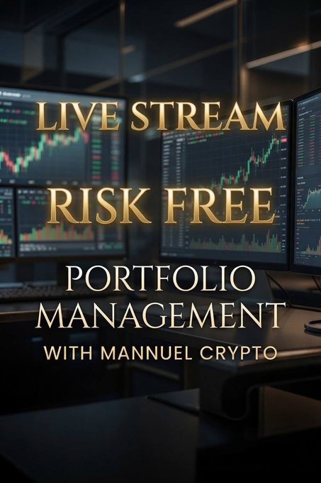 A promotional graphic with text 'LIVE STREAM RISK FREE PORTFOLIO MANAGEMENT WITH MANNUEL CRYPTO' overlaid on an image of computer monitors displaying financial charts.