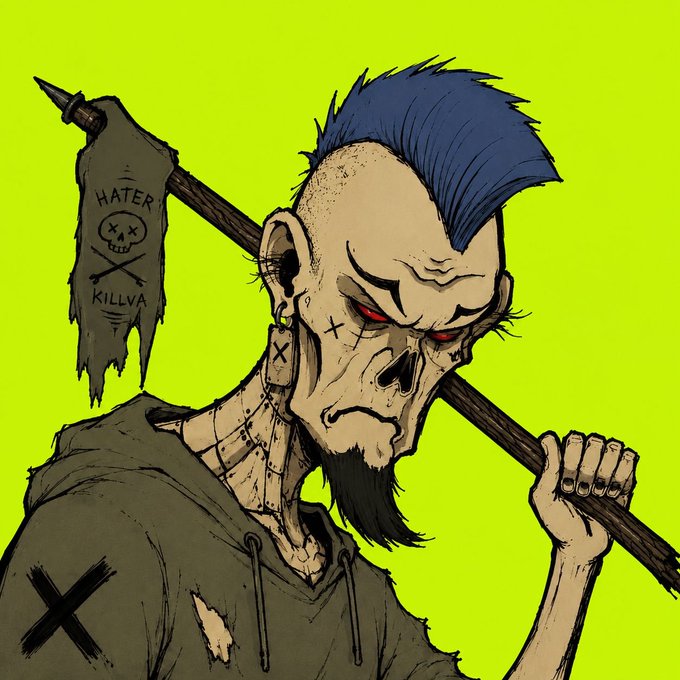 The image shows a menacing cartoon-style character with a blue mohawk, red eyes, skull-like facial features, a goatee, and X markings, wielding a spear with a tattered banner reading "HATER" and "KILLVA" around a skull-and-crossbones symbol, all set against a neon green background. The punk, rebellious aesthetic with its anti-establishment messaging aligns with the edgy NFT project's waitlist promotion at mukuronft.com, conveying a fierce, exclusive vibe to attract collectors quickly.