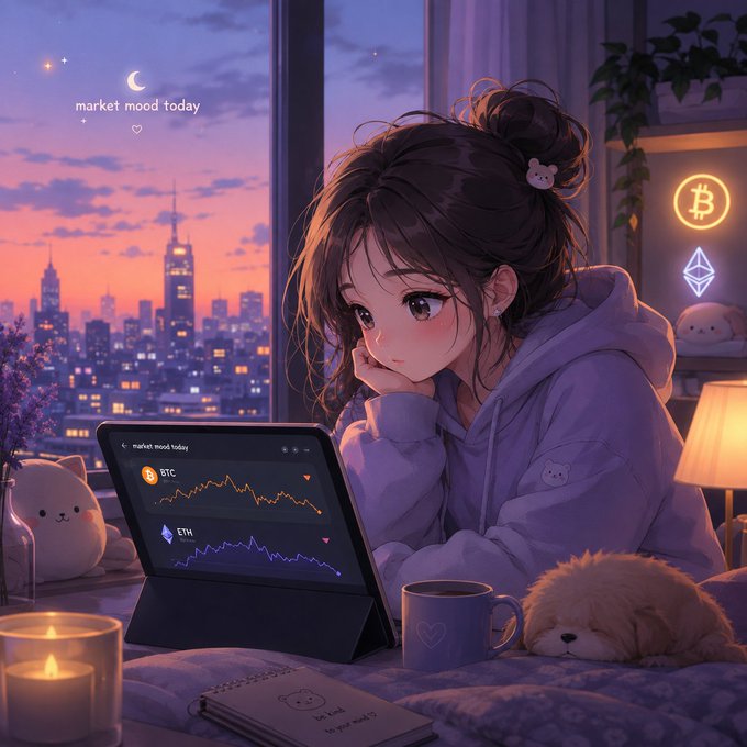 Anime-style illustration of a girl in a purple hoodie looking at a tablet displaying 'BTC' and 'ETH' charts labeled 'market mood today', with cryptocurrency logos (Bitcoin and Ethereum) visible nearby and a cityscape at sunset.