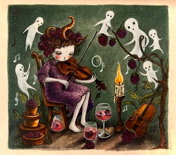 The image features a girl sitting at a table with wine glasses, a candle, and some grapes around her. She is playing a violin while surrounded by these items. The scene also includes several ghostly figures floating above her head. The overall atmosphere of the painting seems to be whimsical and surreal, with the girl's presence adding an element of mystery and intrigue.