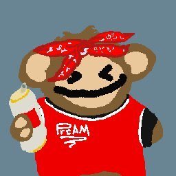 A pixel-art cartoon bear wearing a red bandana and a red shirt labeled 'FEAM' holds a baby bottle.