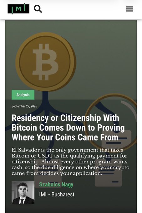 A screenshot from IMI showing an article titled 'Residency or Citizenship With Bitcoin Comes Down to Proving Where Your Coins Came From' by Szabolcs Nagy, dated September 27, 2026.