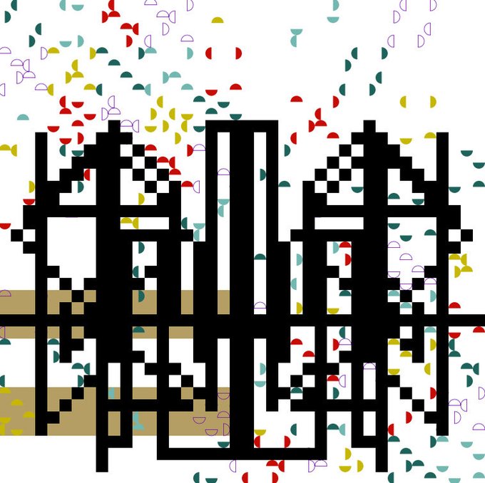 A pixel art QR code with black squares arranged on a white background featuring scattered red, yellow, and teal shapes.