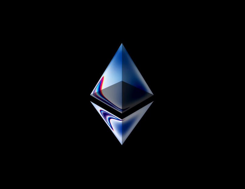 The image features a 3D rendering of an eth token, which is a digital asset that can be used as native collateral for trading on Ethereum's mainnet. The eth token has a blue color with a pyramid shape at its center, making it visually striking against the black background. The caption below the image provides information about the eth token and how to use it in trading.