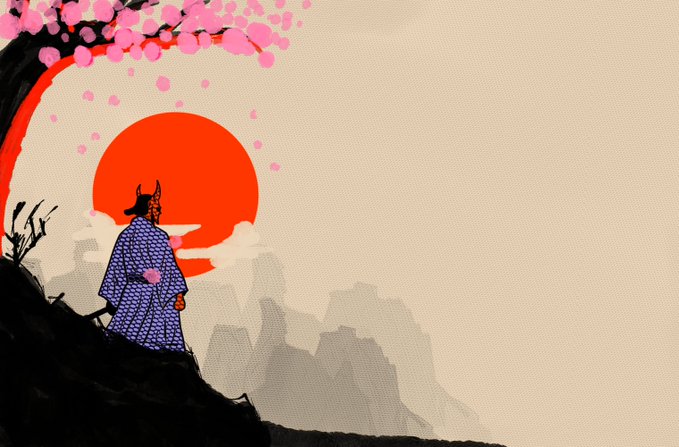 An illustrated artwork depicts a robed samurai figure standing on a rocky cliff beneath a large red sun and pink cherry blossoms against a pale sky.