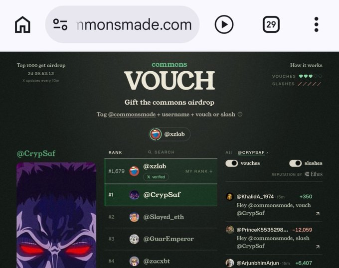 A screenshot of the "commonsmade.com" website showing a "VOUCH" feature for the commons airdrop, with a ranked list including @CrypSaf, @xzlab, and @Slayed_eth, and a chat feed on the right.