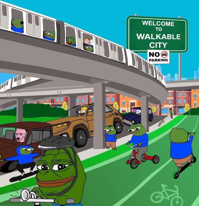 A Pepe the Frog cartoon illustration shows characters enjoying "Walkable City," which has a "No Parking" sign and features pedestrians, cyclists, and scooters moving along green paths beneath an elevated train, while cars congest the roadway—imagery that suggests prioritizing walkable, car-free urban spaces. The cheerful scene complements a Saturday morning greeting.