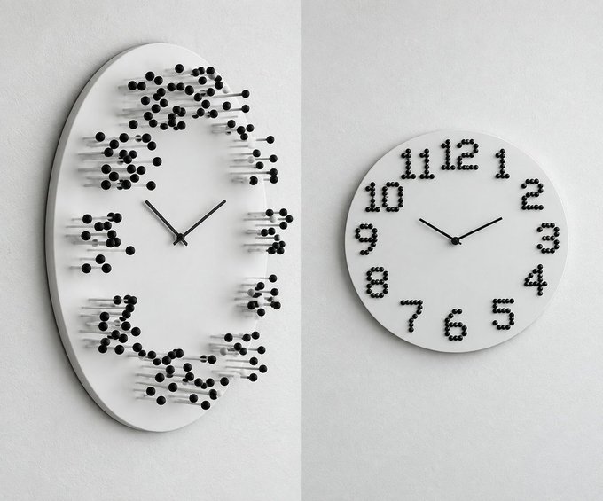 Two modern minimalist wall clocks are displayed against a white wall: a large oval-shaped clock on the left with black dots forming the hour markers in a 3D sculptural style, and a smaller round clock on the right with numerals made of small black beads.