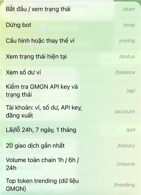 A screenshot of a Vietnamese Telegram bot command menu listing cryptocurrency trading options like /start, /stop, /config, /balance, /pnl, /history, /volume, and /trending.
