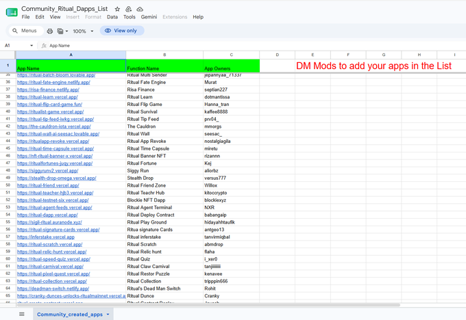 A spreadsheet displays a list of names and descriptions, with the text "DM Mods to add your apps" overlaid on it.
