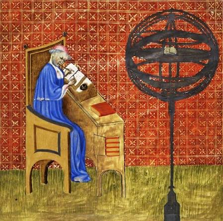 A medieval scholar in blue robes sits at a writing desk reading or annotating a manuscript, with an armillary sphere beside him against a red patterned background, depicting Nicole Oresme, the 14th-century French economist who authored "De Moneta," the seminal treatise on monetary theory referenced in the BIP-110 hardfork proposal.
